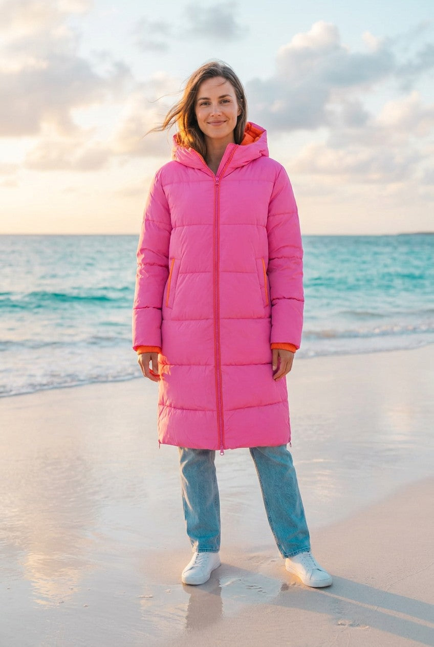 Zwillingsherz Steppmantel Oversized Knielang – Neonpink, Vorderansicht