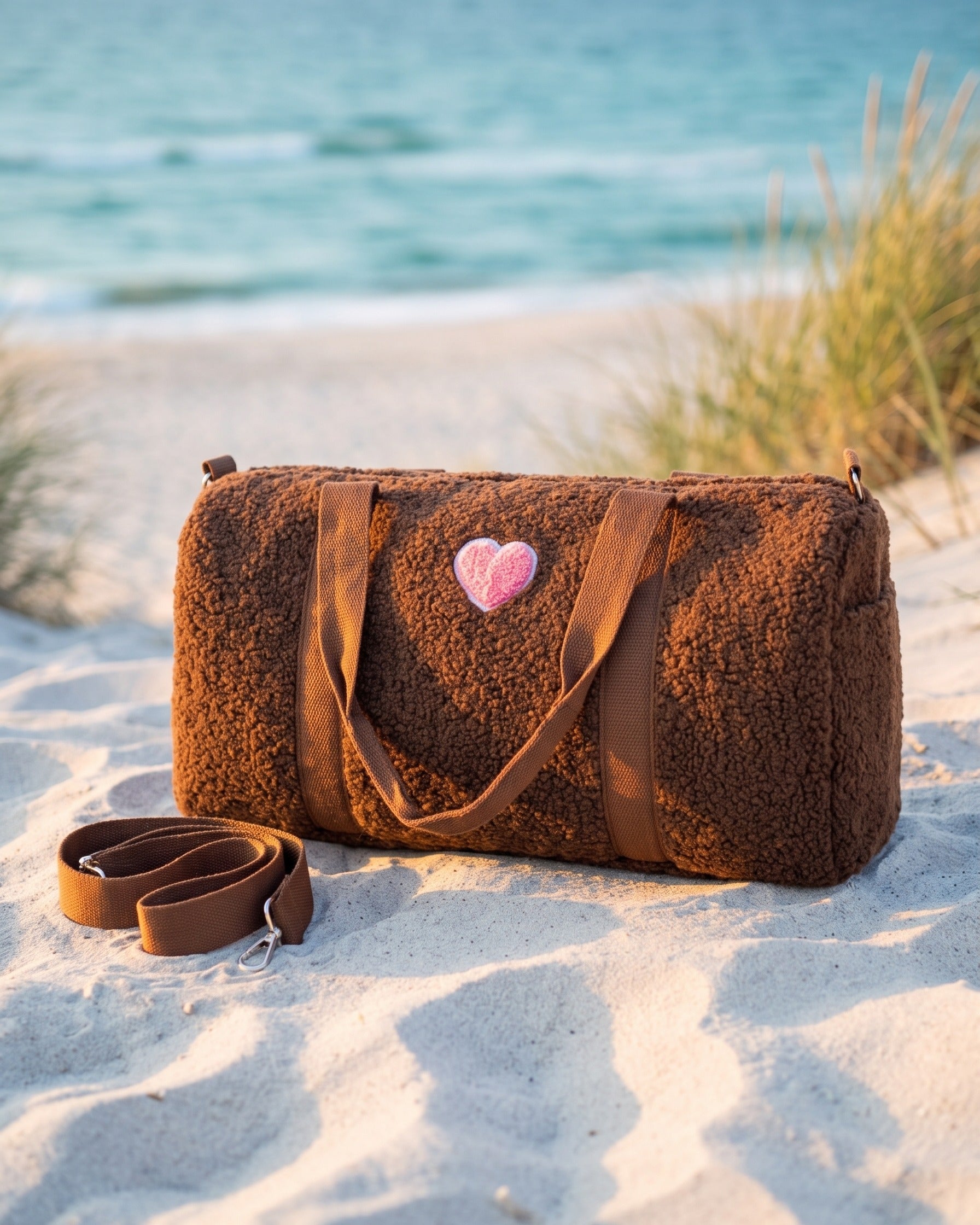 Zwillingsherz Reisetasche Sherpa Herz-Patch – TraumStück Sylt – Braun, Vorderansicht