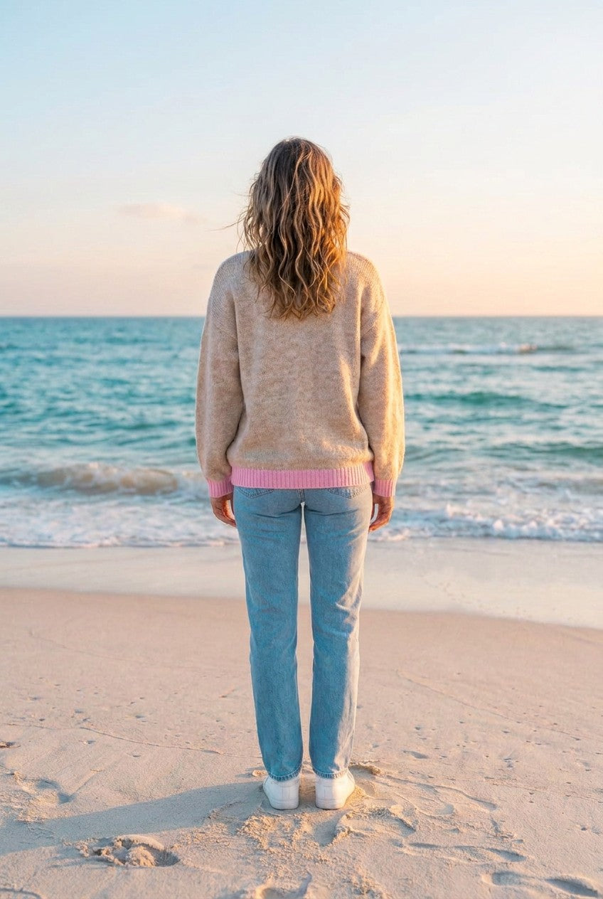 Zwillingsherz Strickpullover Oversized – TraumStück Sylt – Beige, Rückansicht