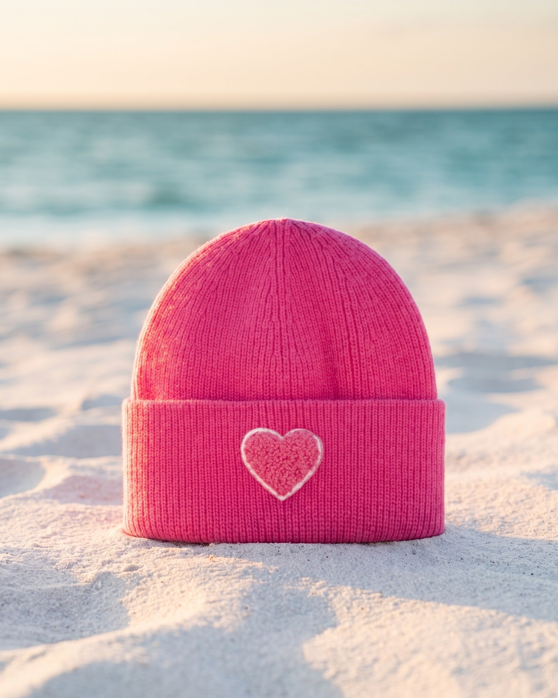 Zwillingsherz Mütze Rippstrick Herz-Patch – TraumStück Sylt – Pink, Vorderansicht