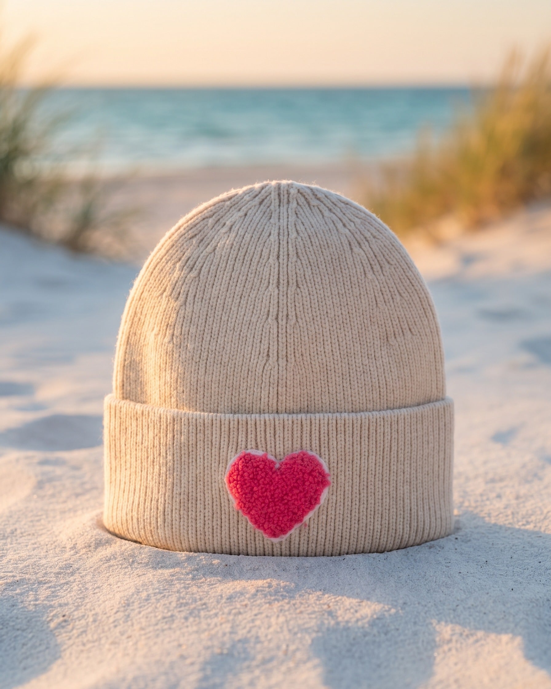 Zwillingsherz Mütze Rippstrick Herz-Patch – TraumStück Sylt – Beige, Vorderansicht