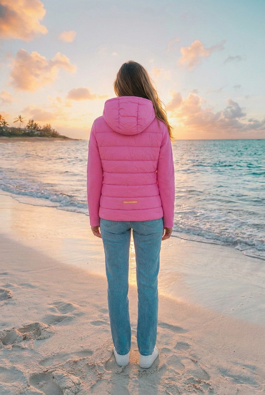 Zwillingsherz Steppjacke Neonpink mit Kapuze – TraumStück Sylt – Neonpink, Rückansicht
