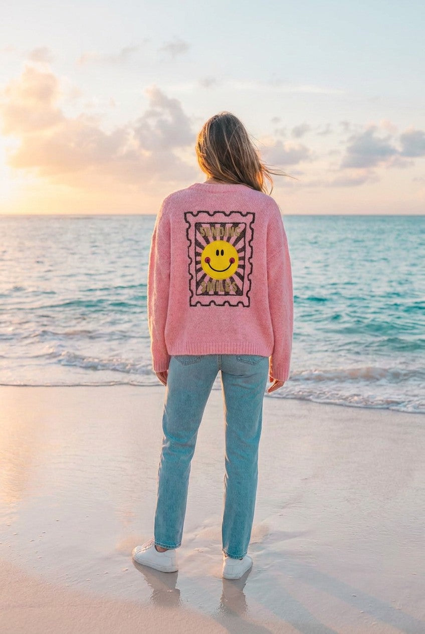 Strickpullover Oversized mit Rückenprint – TraumStück Sylt – Rosa, Rückansicht
