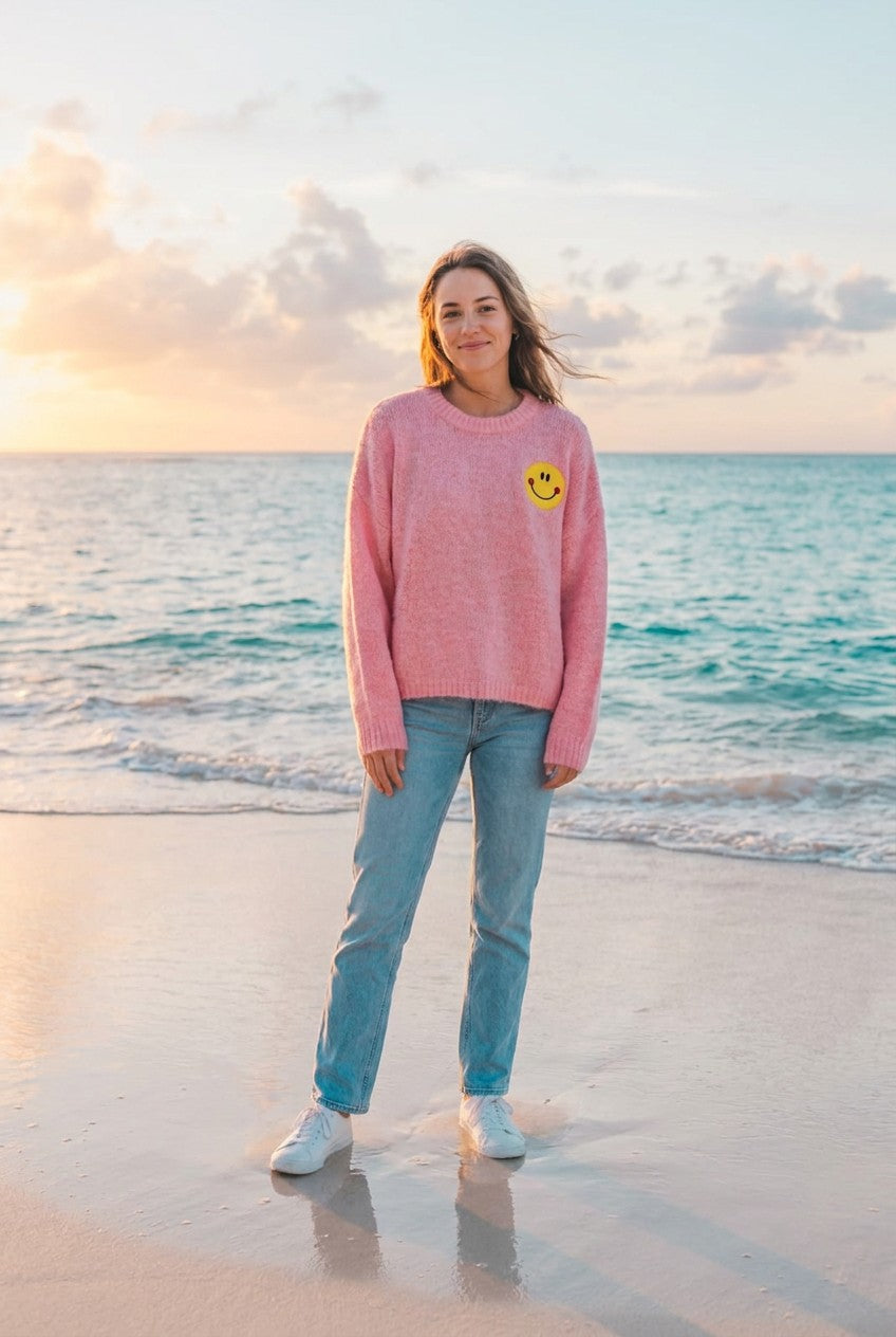 Strickpullover Oversized mit Rückenprint – TraumStück Sylt – Rosa, Vorderansicht