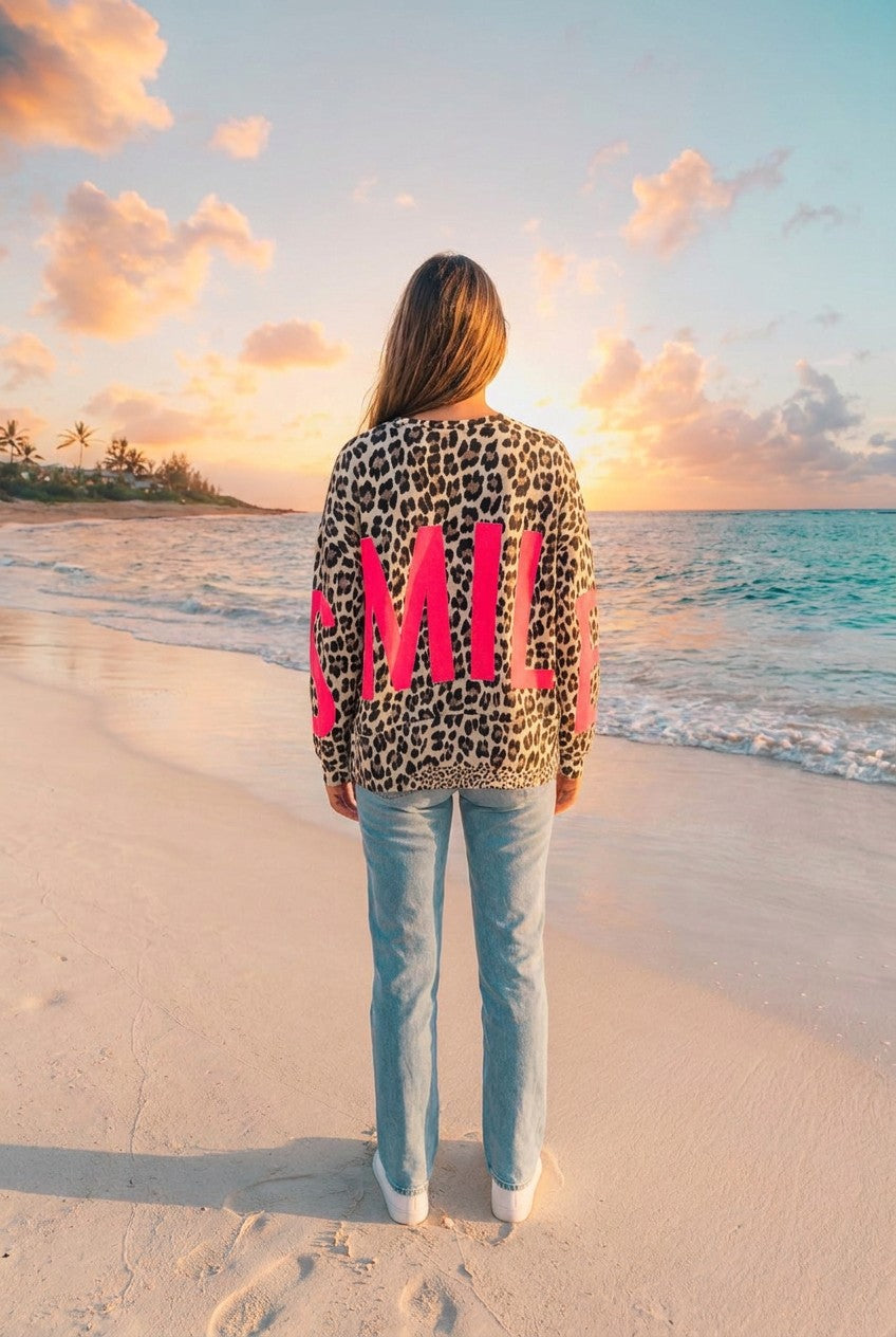 Sweatshirt Oversized Leopardenmuster – TraumStück Sylt – Beige, Rückansicht