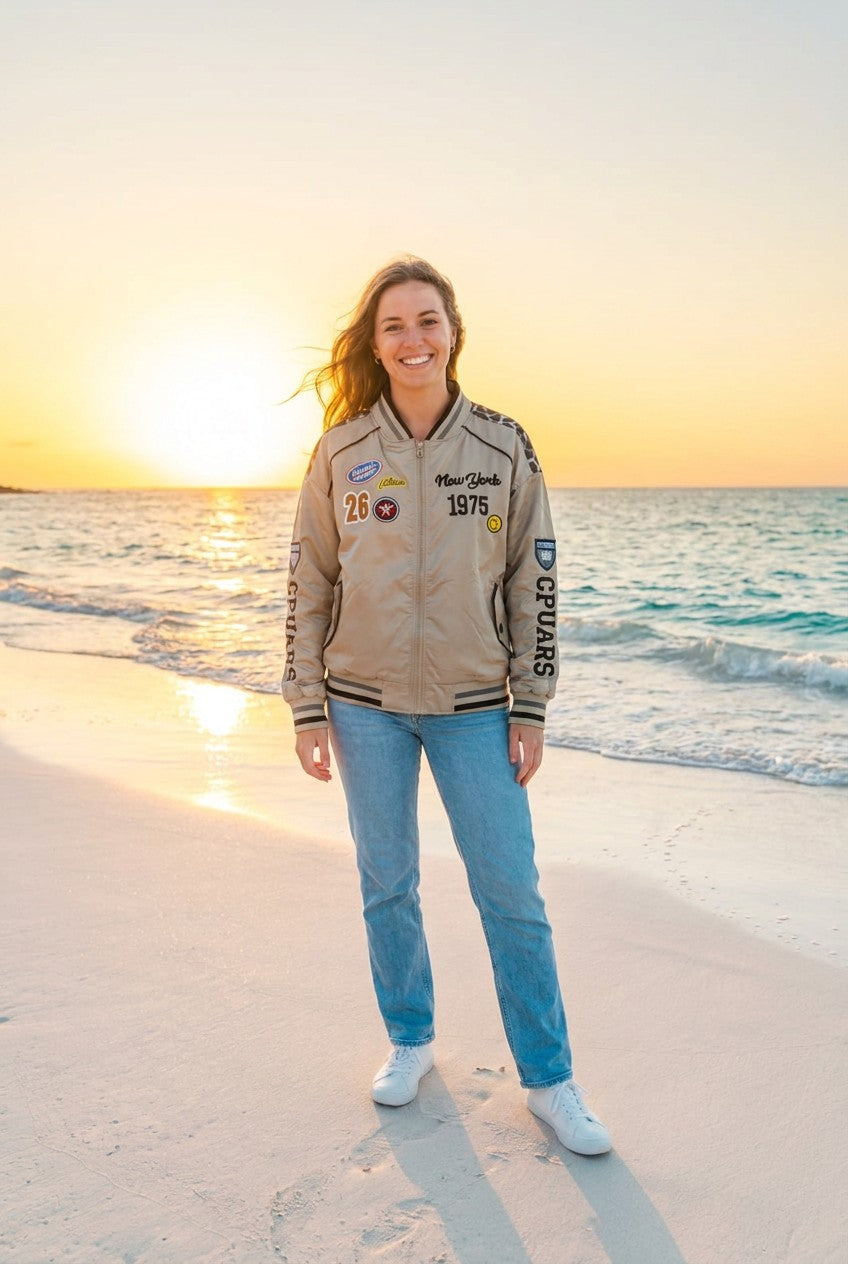 Bomberjacke Taupe mit Leopardenprint – TraumStück Sylt – Taupe, Vorderansicht