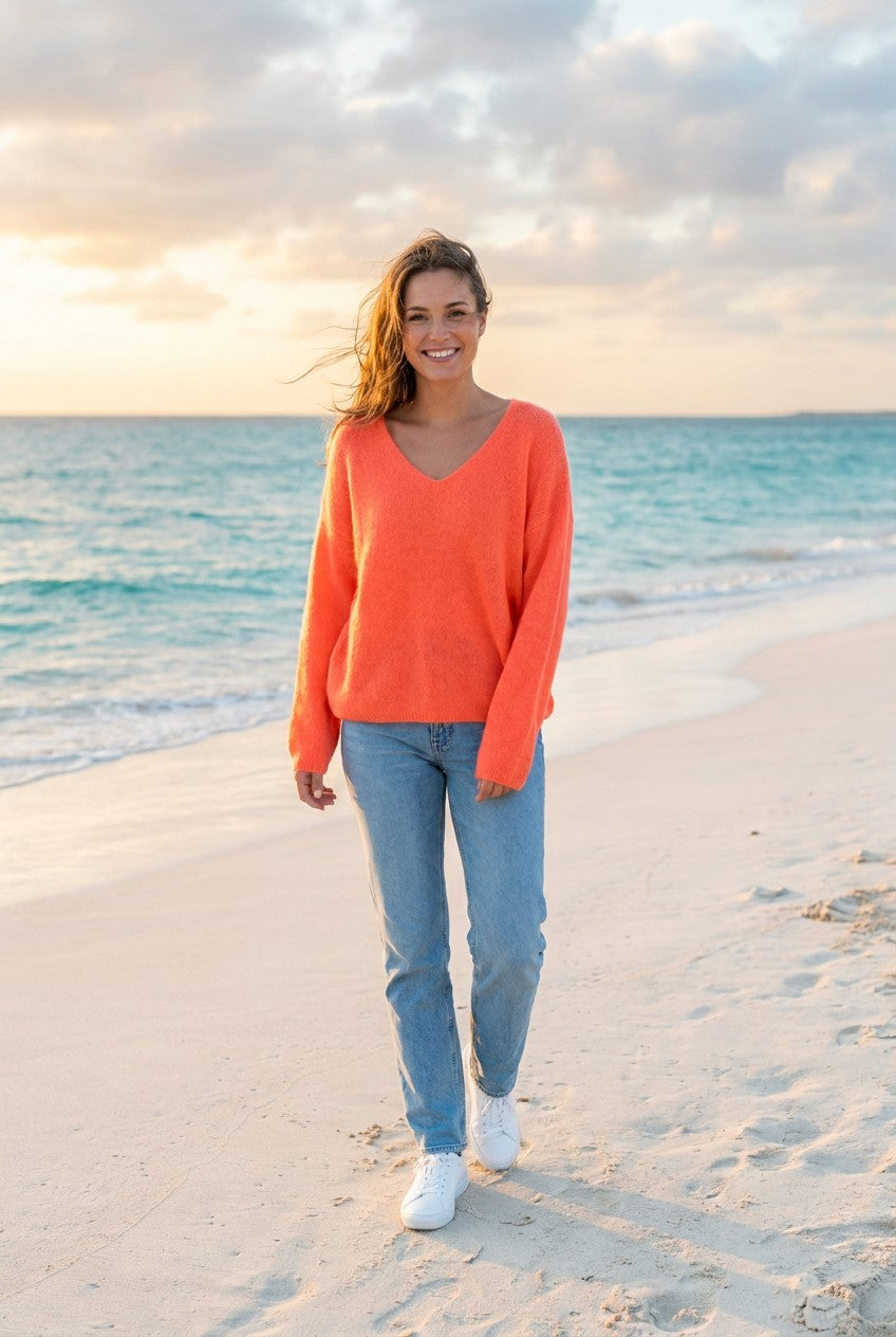 Oversized Grobstrick-Pullover – TraumStück Sylt – Neonorange, Vorderansicht