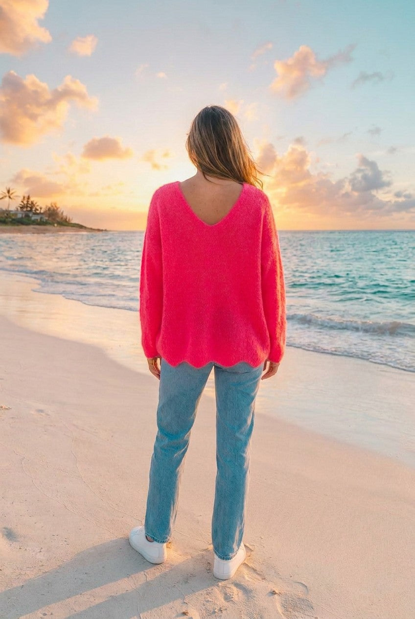 Oversized Grobstrick-Pullover – TraumStück Sylt – Neonpink, Rückansicht