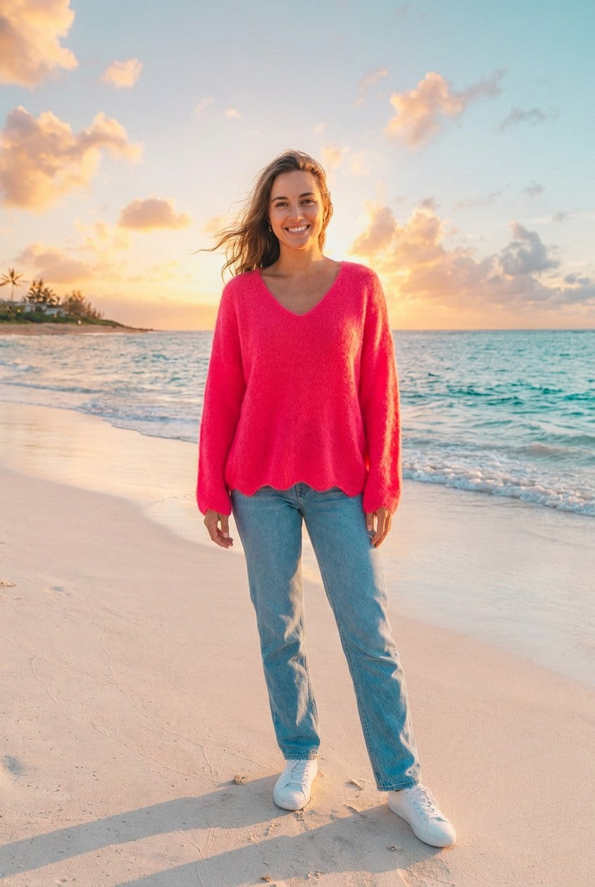 Oversized Grobstrick-Pullover – TraumStück Sylt – Neonpink, Vorderansicht