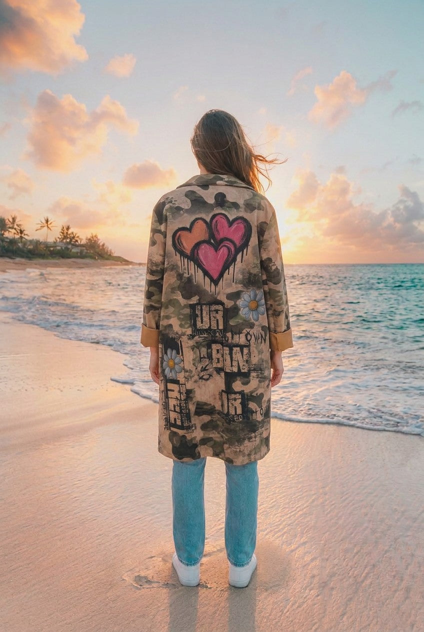 Mantel Grün Oversized mit Print – TraumStück Sylt – Grün, Rückansicht