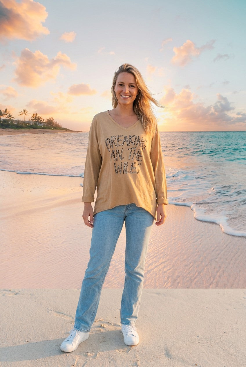 T-Shirt Leo-Print Oversized – TraumStück Sylt – Beige, Vorderansicht