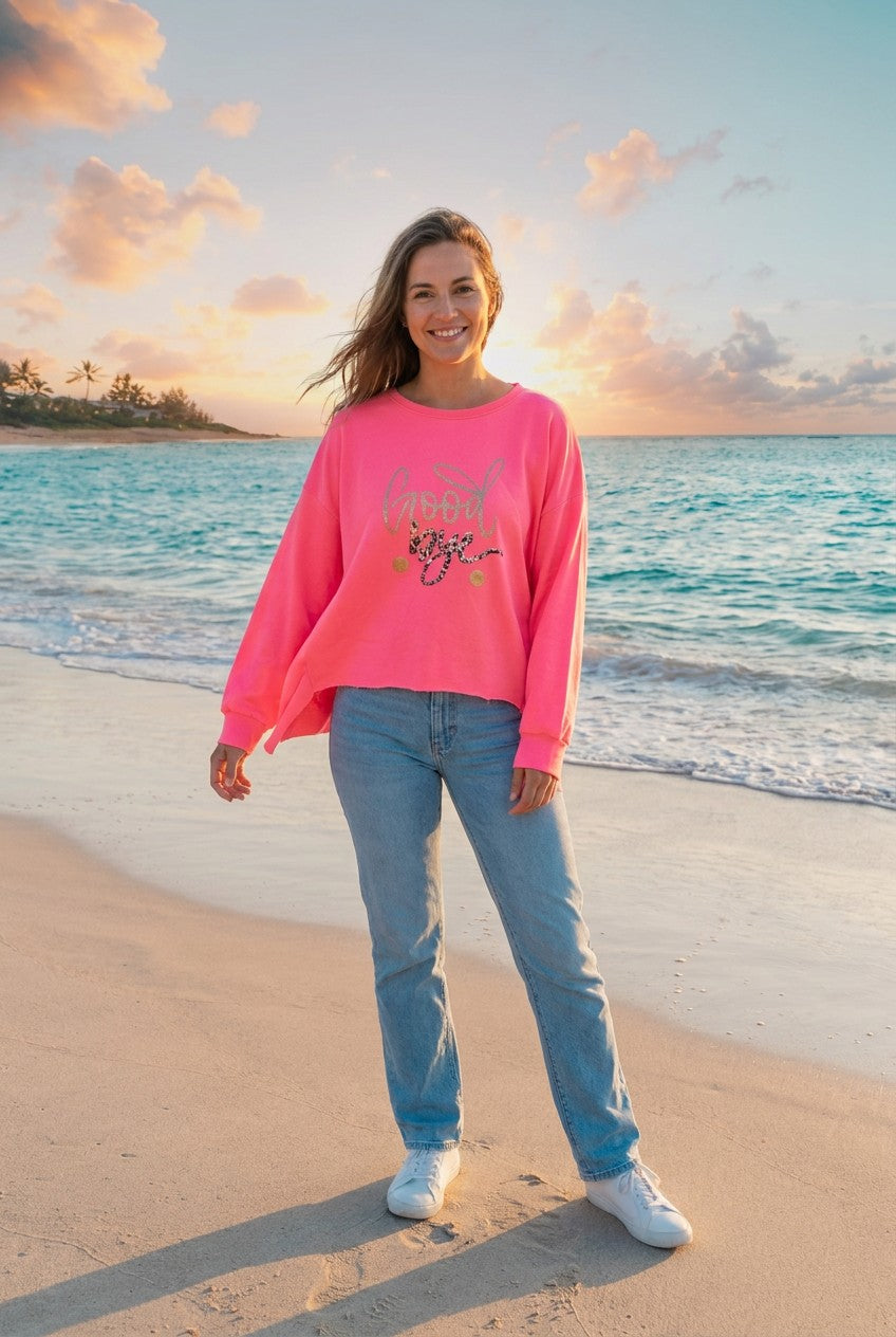 Pullover Oversized Glitzer-Schriftzug – TraumStück Sylt – Pink, Vorderansicht
