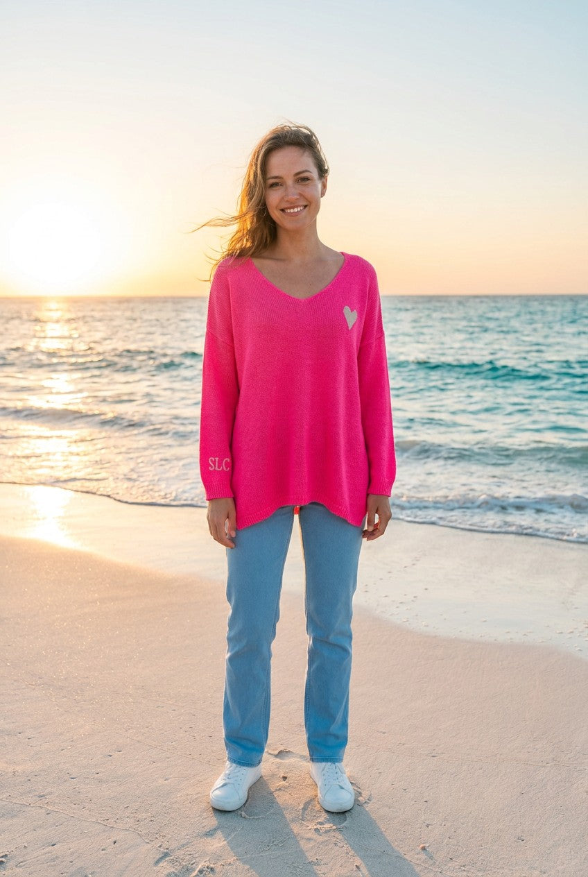 Strickpullover oversized mit Herzmotiv – TraumStück Sylt – Pink, Vorderansicht