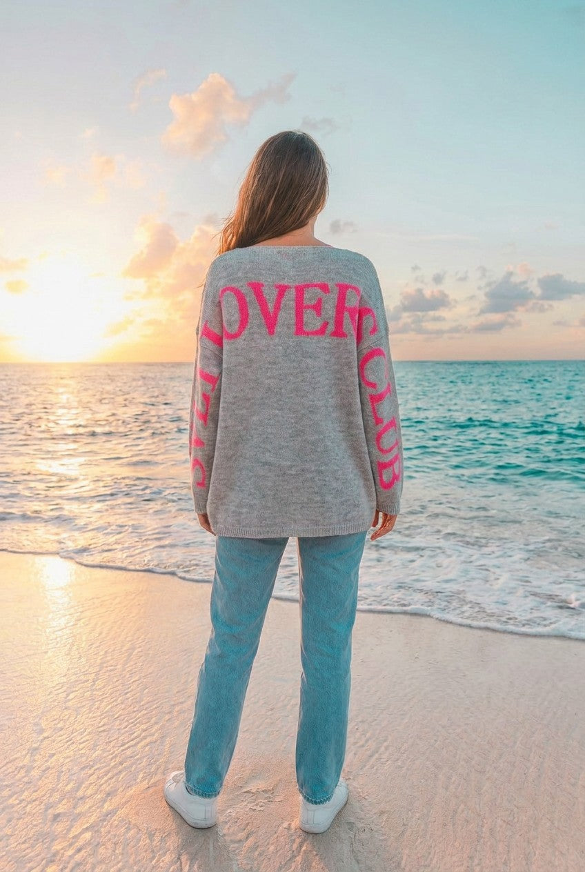 Strickpullover oversized mit Herzmotiv – TraumStück Sylt – Grau, Rückansicht