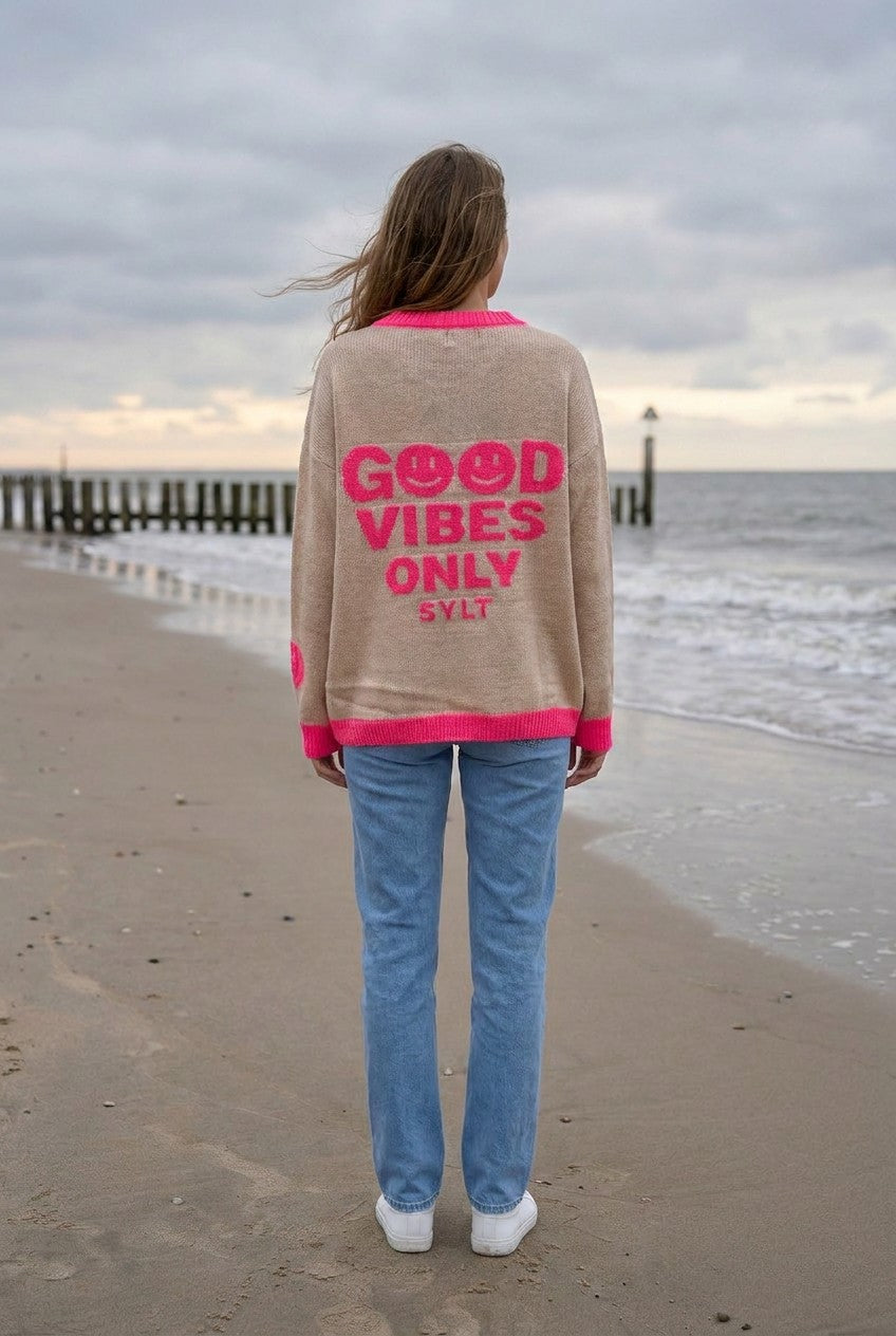Good Vibes Only Pullover Strickpullover Oversized – TraumStück Sylt – Beige, Rückansicht