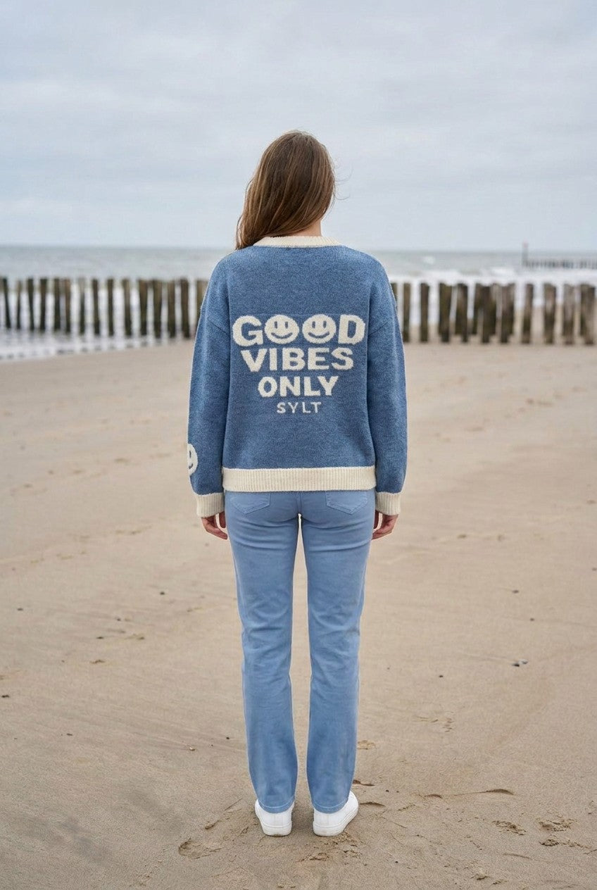 Good Vibes Only Pullover Strickpullover Oversized – TraumStück Sylt – Blau, Rückansicht
